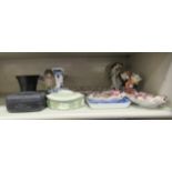 Decorative ceramics: to include three items of Wedgwood green jasperware; and two Goebel china