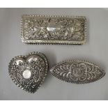 Three late Victorian silver dressing table boxes, having similarly crimped border and embossed