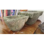Two similar weathered composition stone mortars  6"h  12"dia and 5"h  10"dia