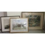 Pictures: to include a study of a village  watercolour  12" x 16"  framed