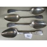 A matched set of four 19thC silver fiddle pattern tablespoons  mixed marks