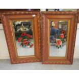 A pair of late Victorian mirrors, each with floral bouquet painted bevelled plate, in an oak