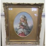 19thC Continental School - a half length portrait, a little girl carrying a pot of flowers  oil on