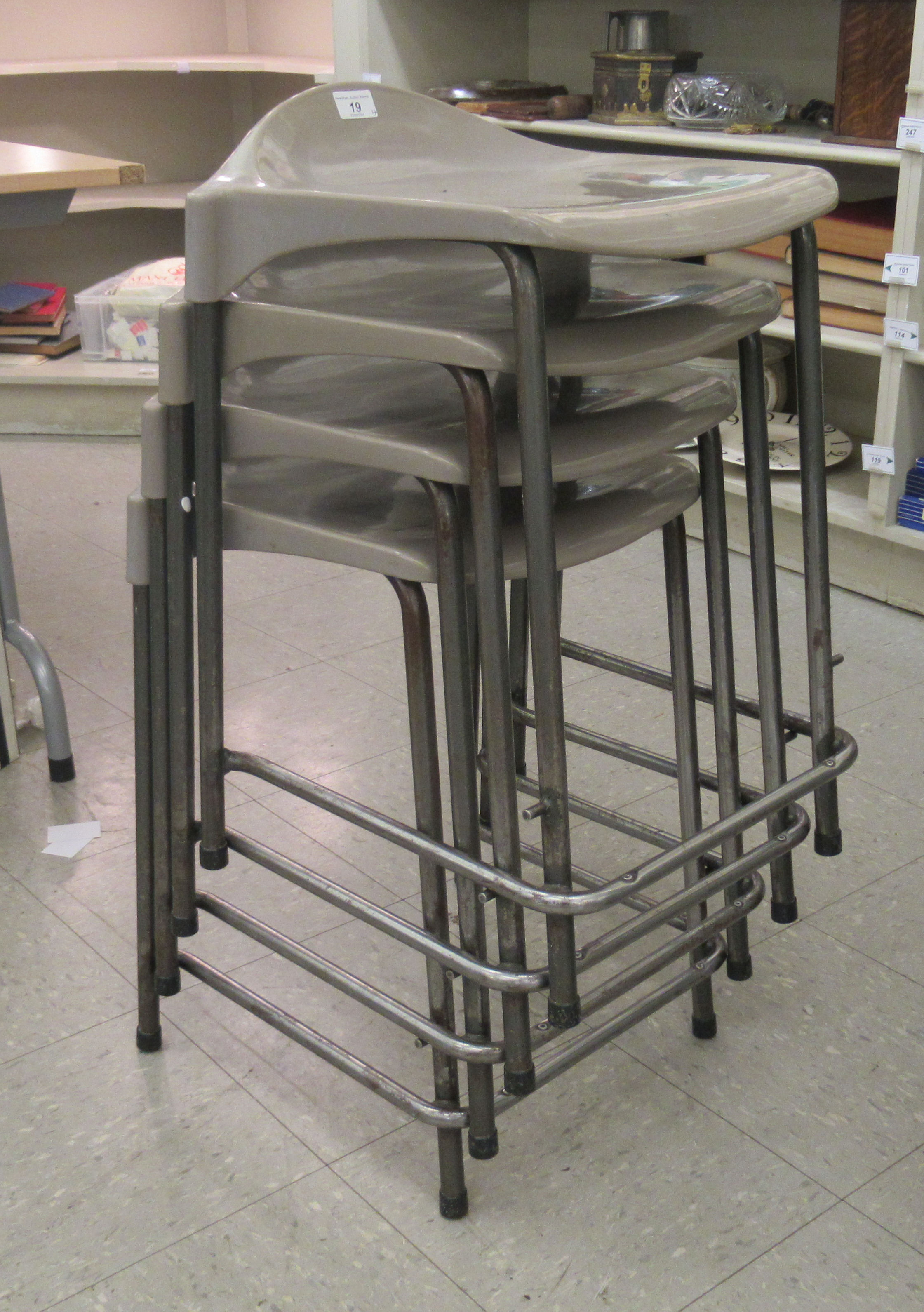 A set of four mid/late 20thC Steelux London, GLC Design tubular steel framed work stools with - Image 2 of 4
