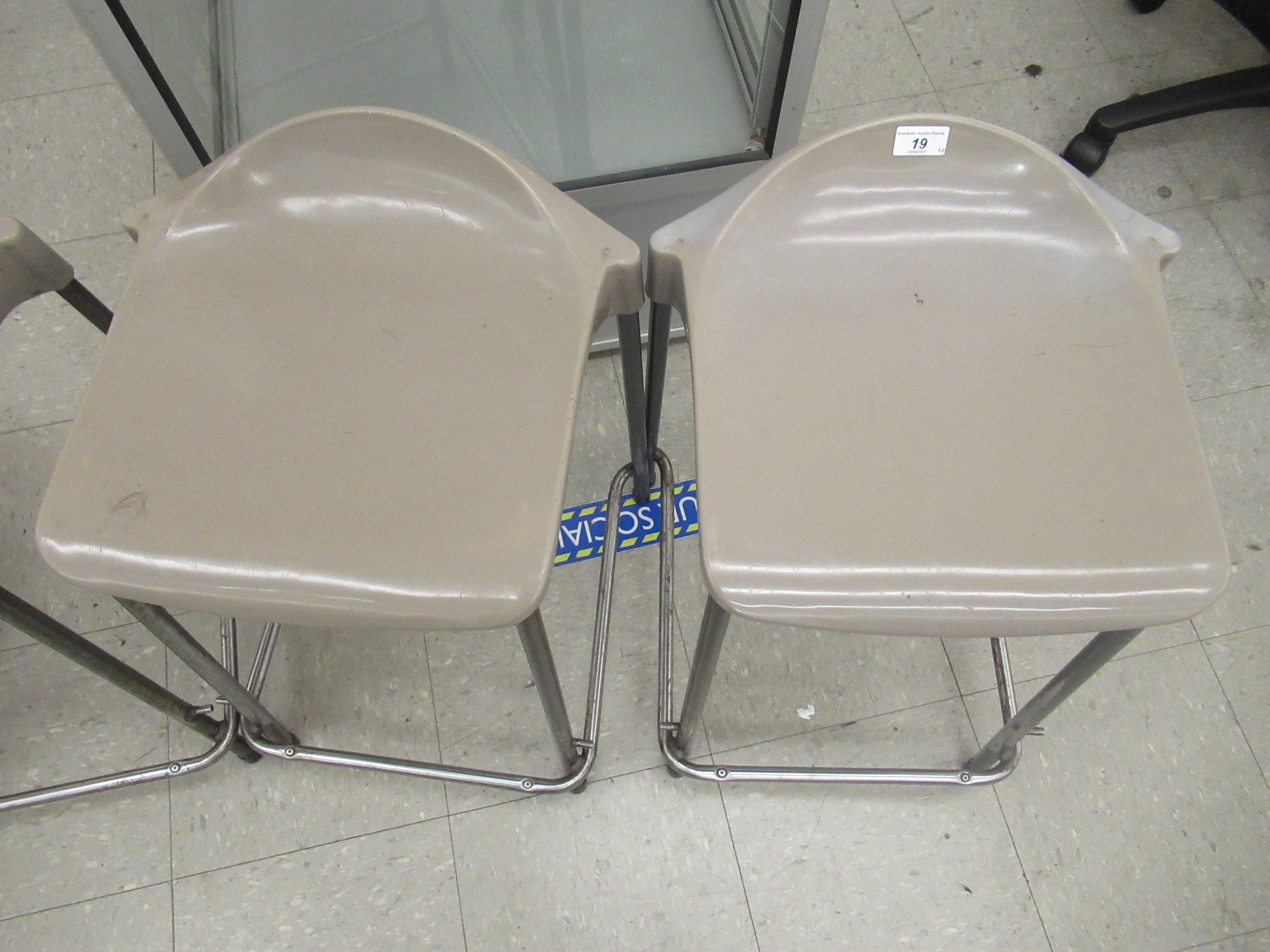 A set of four mid/late 20thC Steelux London, GLC Design tubular steel framed work stools with - Image 4 of 4