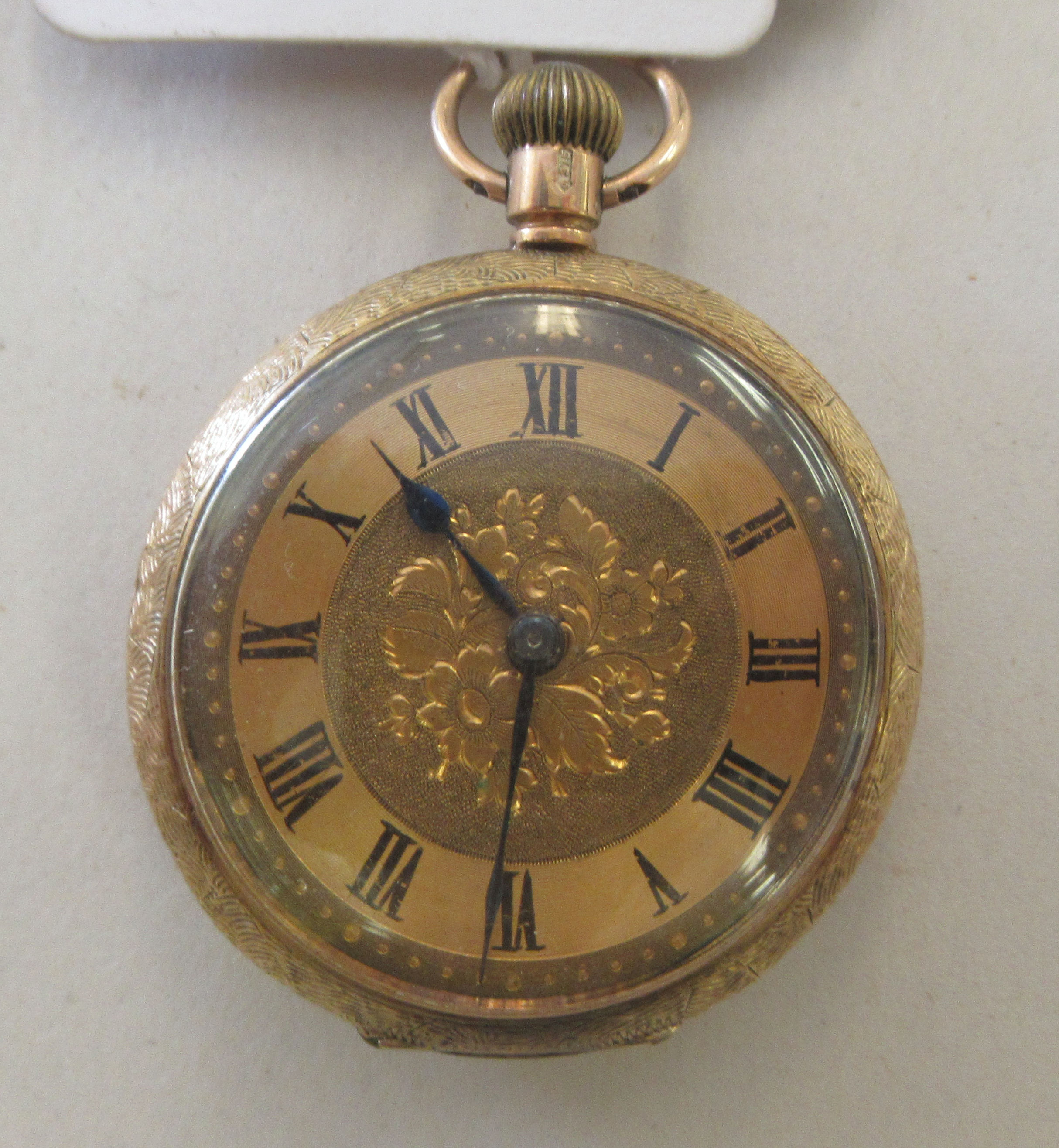 A ladies late Victorian 9ct gold cased fob watch, faced by a Roman dial