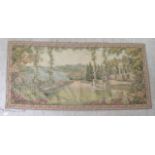 A modern machine made tapestry, a mountainous landscape view from a veranda  28" x 62''