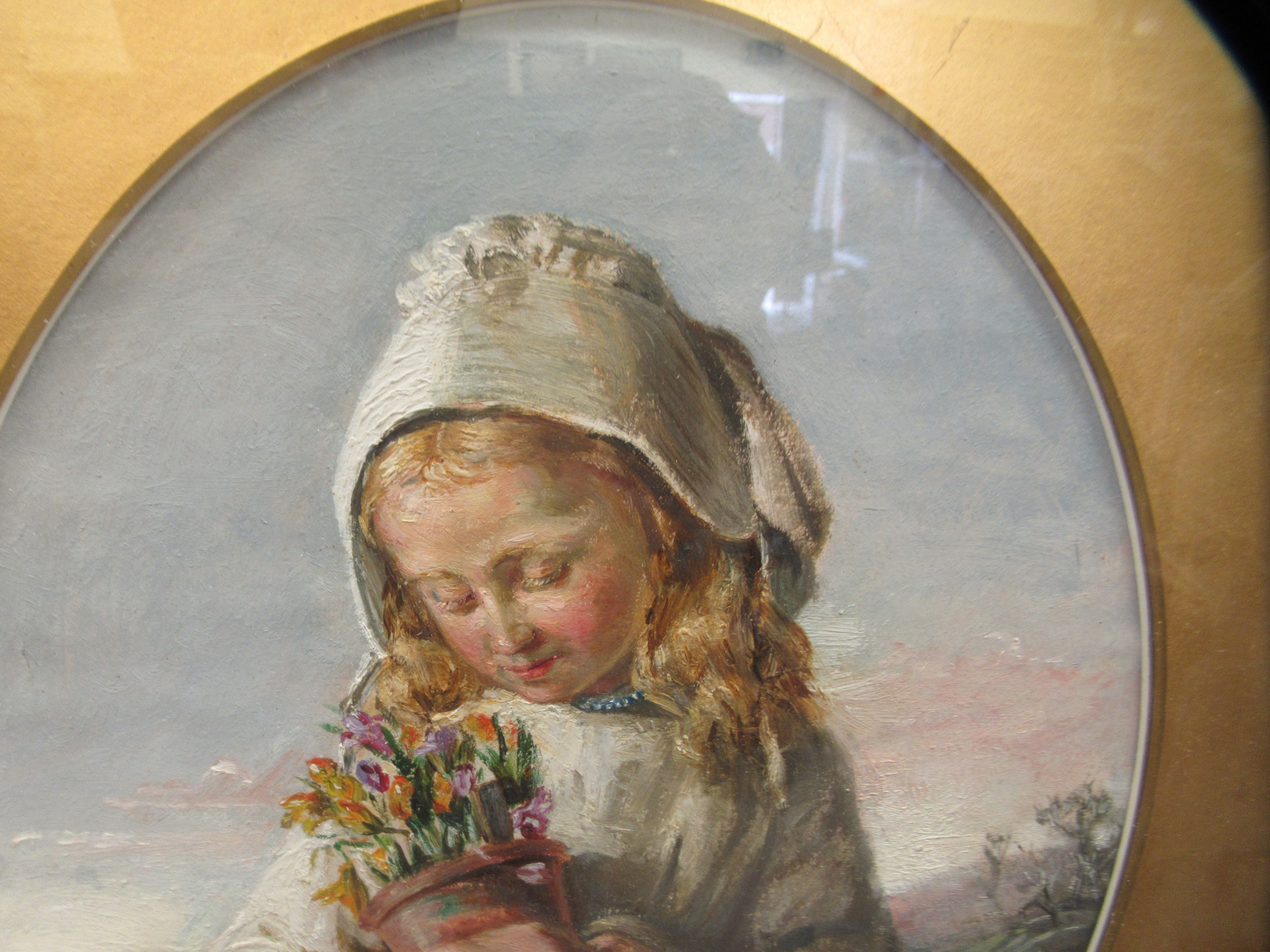 19thC Continental School - a half length portrait, a little girl carrying a pot of flowers  oil on - Image 3 of 4