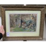 A Orselli - little children by a potting shed  watercolour  bears a signature  9" x 13"  framed