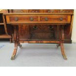 A modern reproduction of a 19thC yewwood finished sofa table with two inline drawers and two