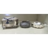Silver, silver coloured metal and white metal items, viz. a ring casket with a pin cushion on the