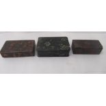Three similar 19thC painted papier mache snuff boxes of rectangular form with hinged lids