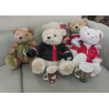 Five Harrods Christmas soft toys; and two Harrods bone china mugs