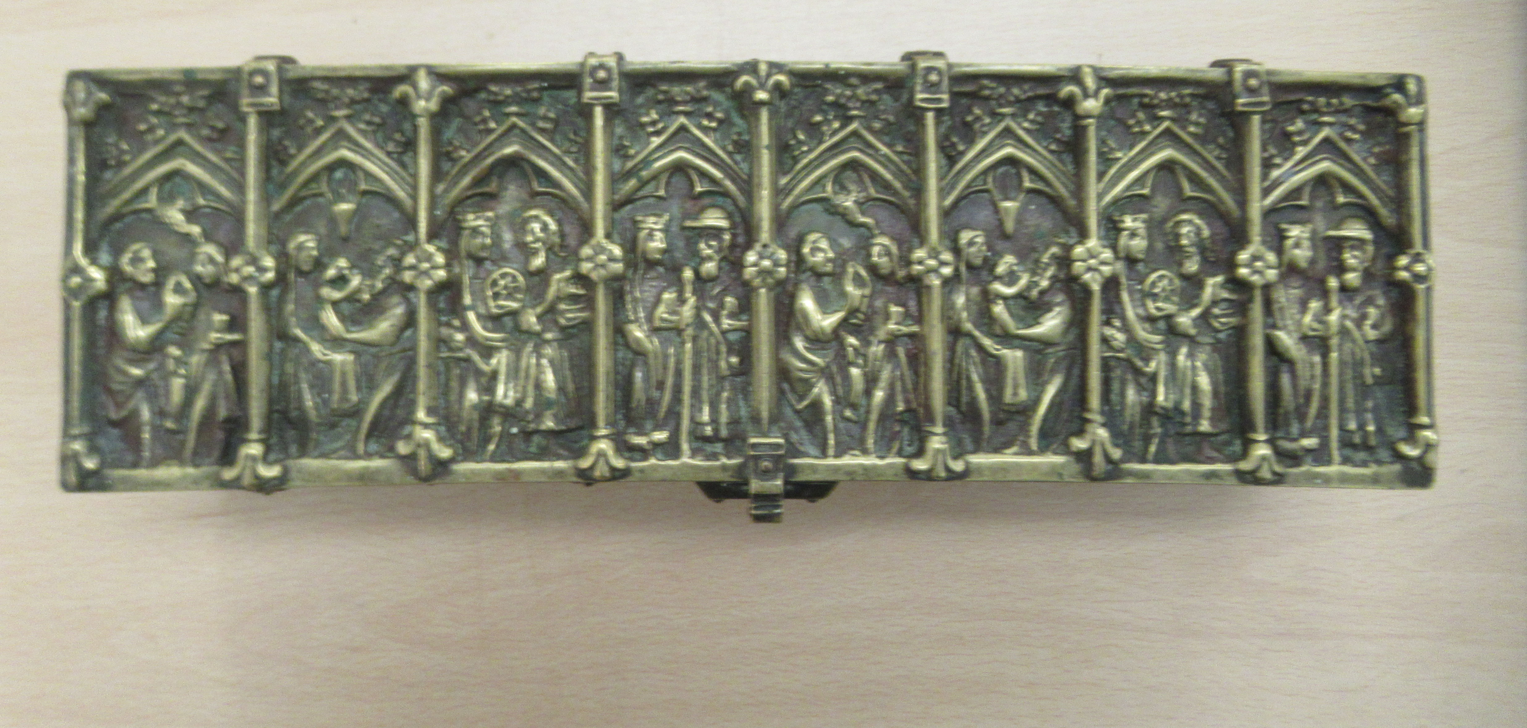 A late 19thC Gothic inspired brass casket, cast in panels with allegorical figure scenes, the - Image 2 of 4