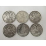 Five 19thC Crowns, St. George on the obverse, viz. 1821, 1892, 1893, 1893, 1889; and a 1953 five