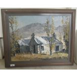 Brian Halliday - two cottages in a landscape with mountains beyond  oil on canvas  bears a signature