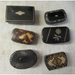 Six black lacquered and variously decorated, 19thC papier mache snuff boxes