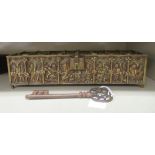 A late 19thC Gothic inspired brass casket, cast in panels with allegorical figure scenes, the