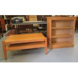 A two tier oak coffee table  17"h  38"w; and an oak open front bookcase  35"h  31"w