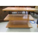 A modern laminated teak finished three tier occasional table  22"h  29"w