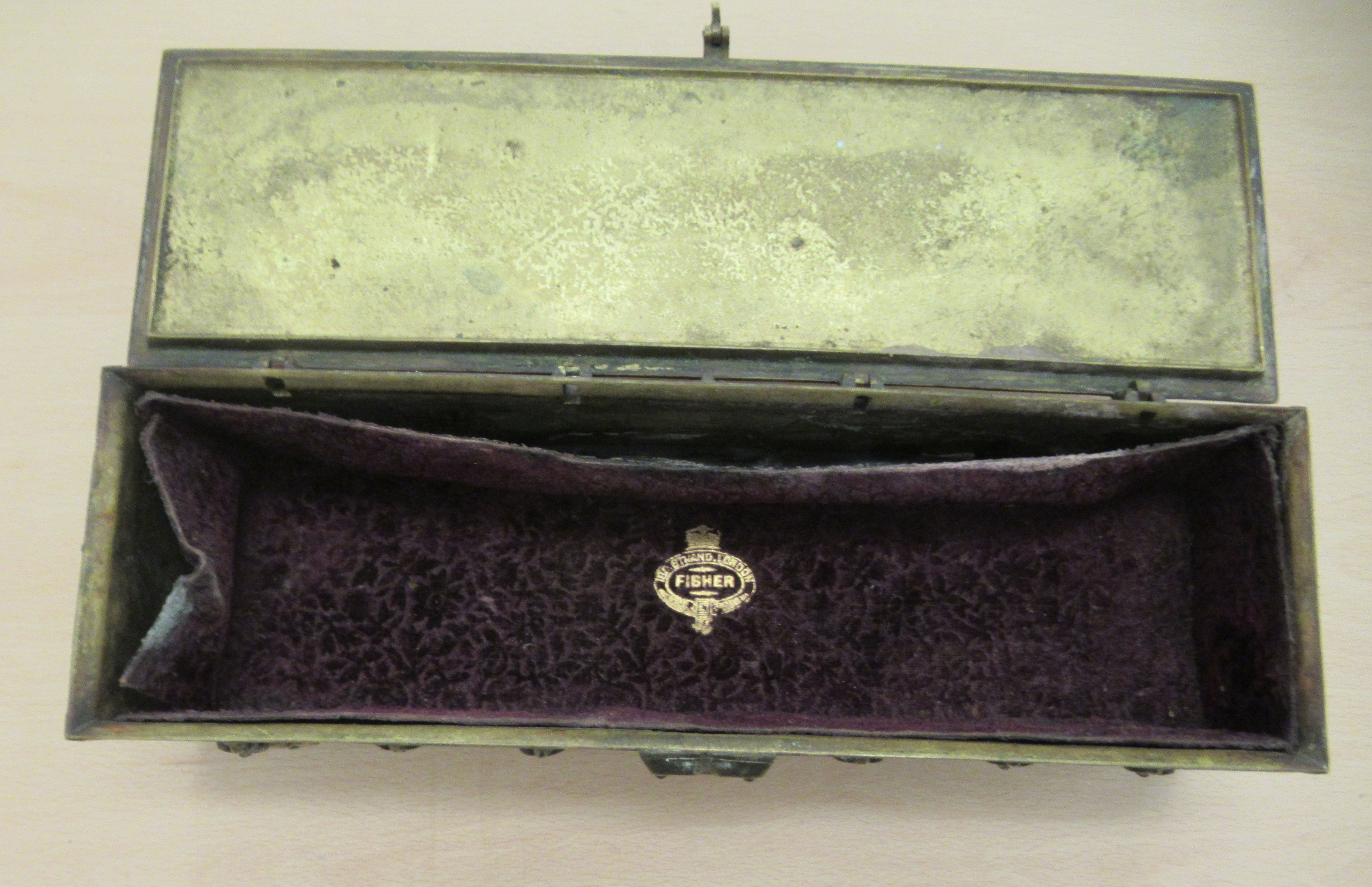 A late 19thC Gothic inspired brass casket, cast in panels with allegorical figure scenes, the - Image 3 of 4