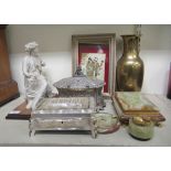 A mixed lot: to include a mid 20thC mother-of-pearl jewellery casket with a floral carved hinged lid