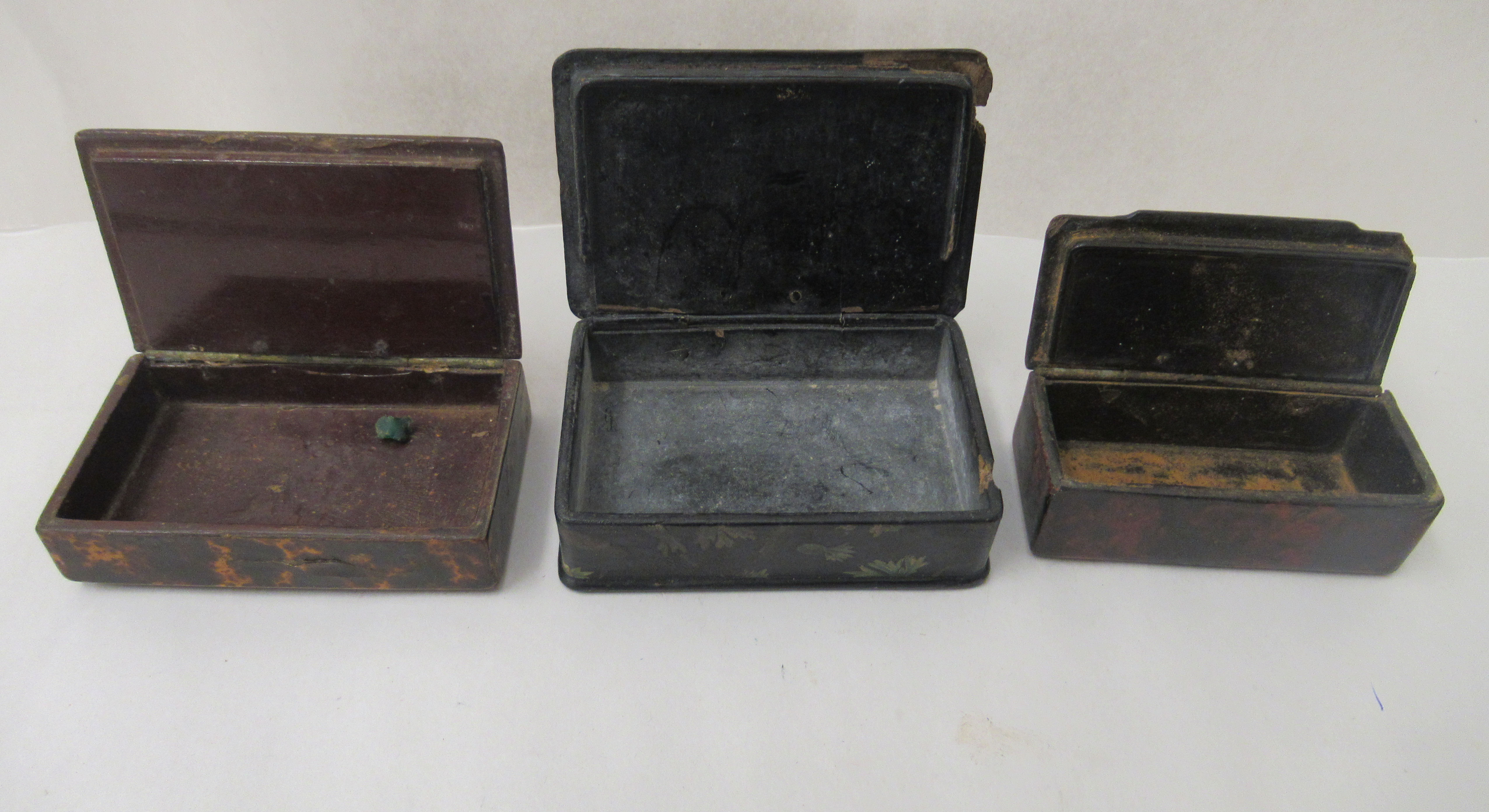 Three similar 19thC painted papier mache snuff boxes of rectangular form with hinged lids - Image 2 of 3