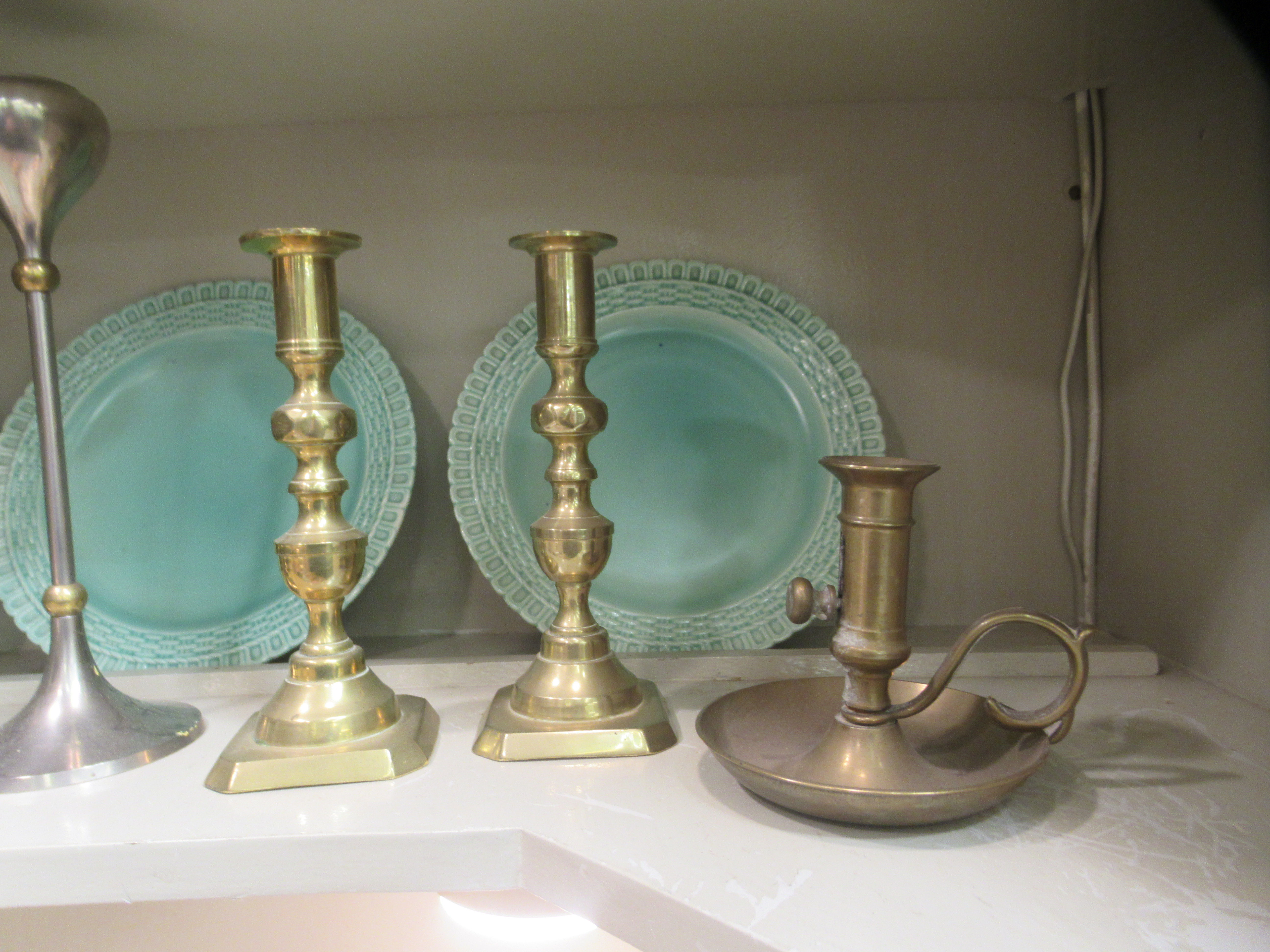 A mixed lot: to include a pair of brass and stainless steel candlesticks  6" & 9"h; and a five - Image 5 of 5