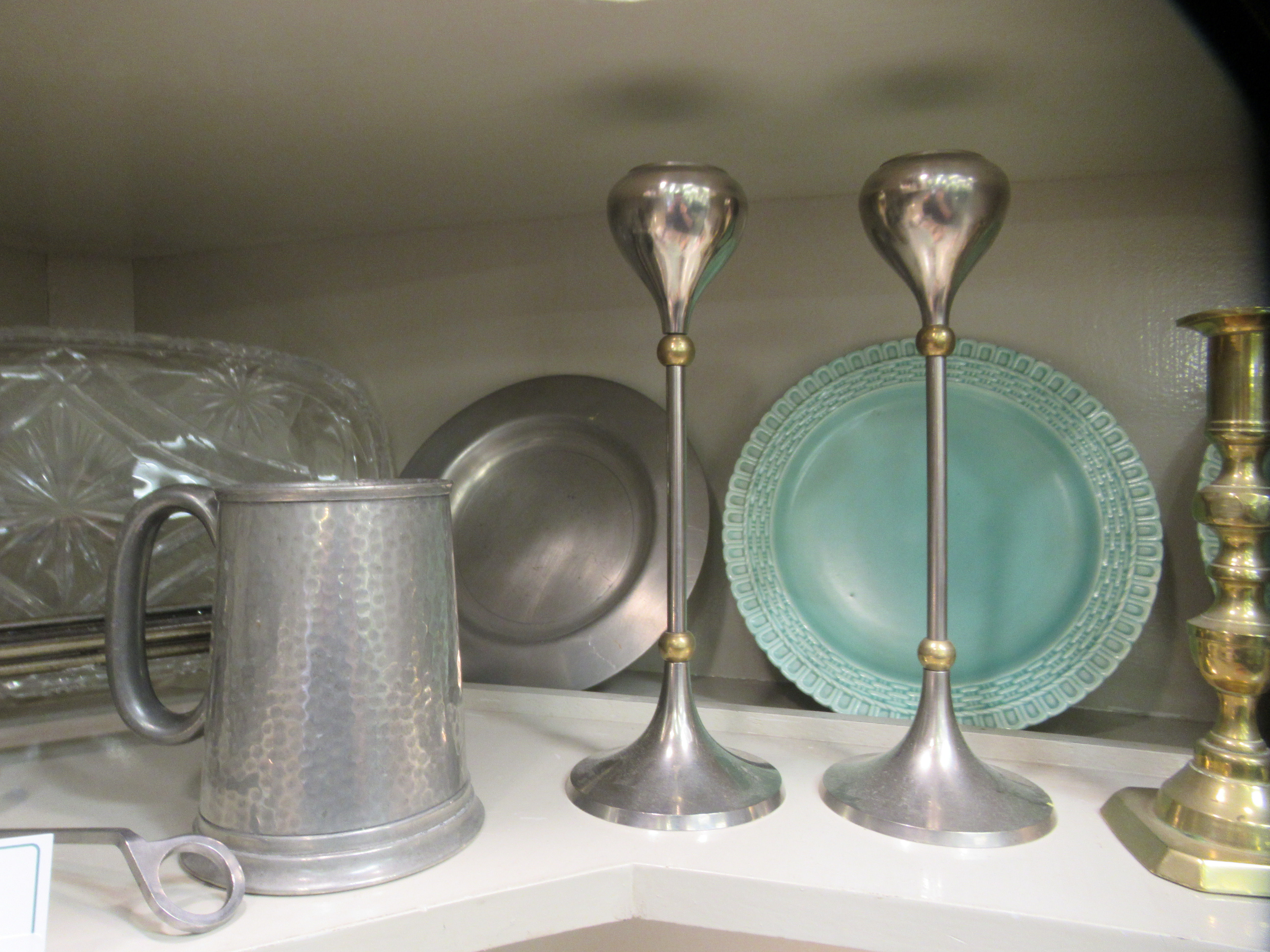 A mixed lot: to include a pair of brass and stainless steel candlesticks  6" & 9"h; and a five - Image 4 of 5
