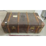 An early 20thC beech bound canvas cabin trunk with a removable tray interior  14"h  36"w