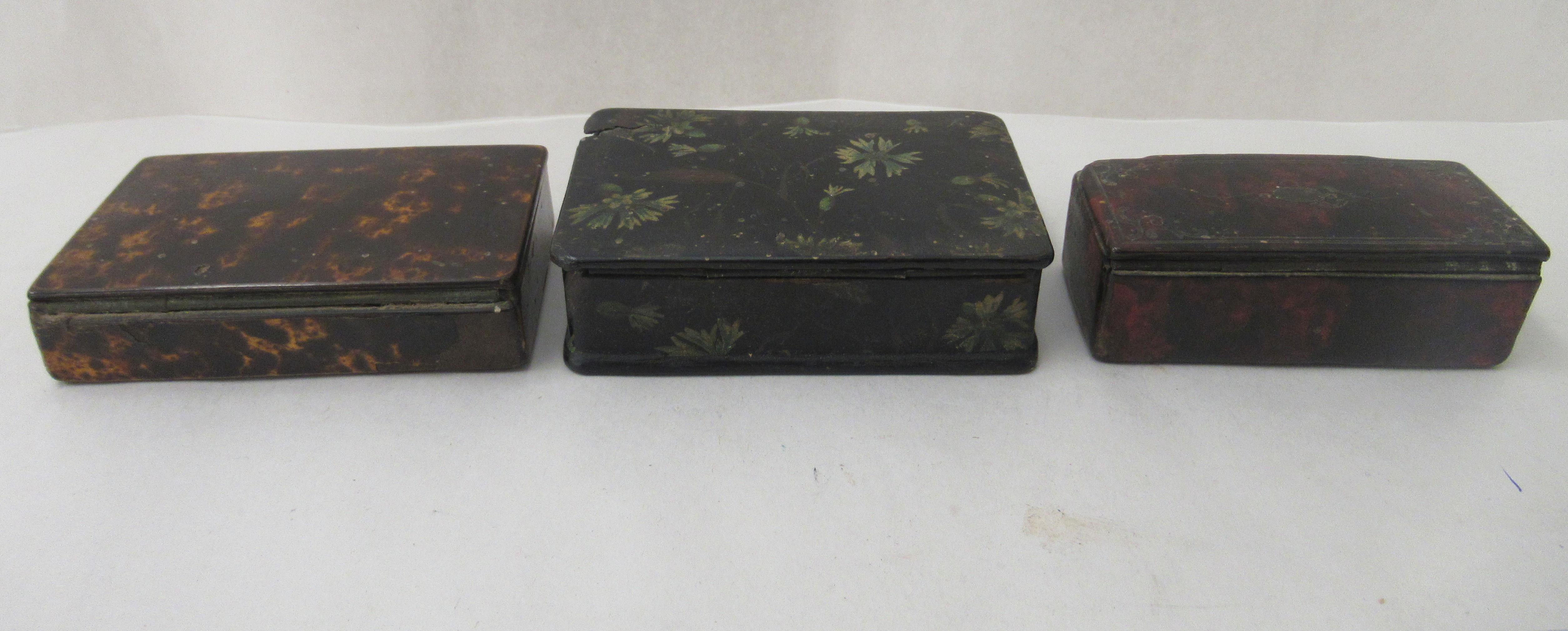 Three similar 19thC painted papier mache snuff boxes of rectangular form with hinged lids - Image 3 of 3