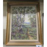 Deborah Poynton - birch trees on a woodland path  oil on canvas  bears a signature and