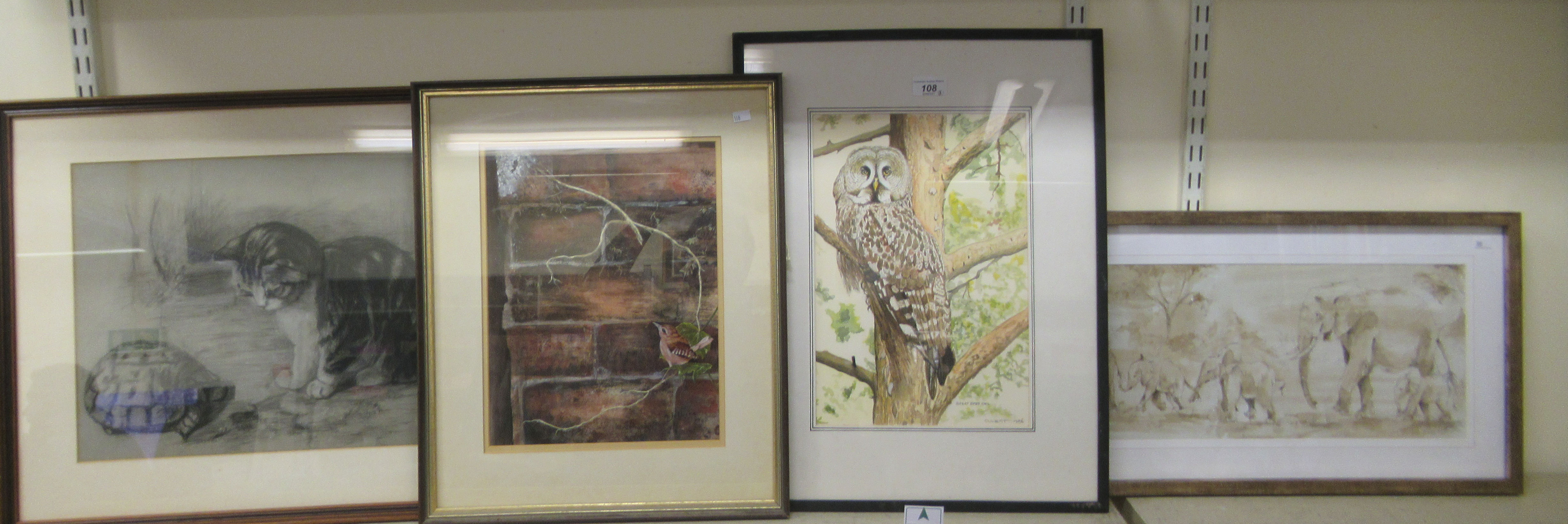 Pictures: to include S West - a study of an owl  watercolour  bears a signature  16" x 10"  framed