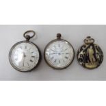 Three early 20thC white metal cased pocket watches: to include a chronograph