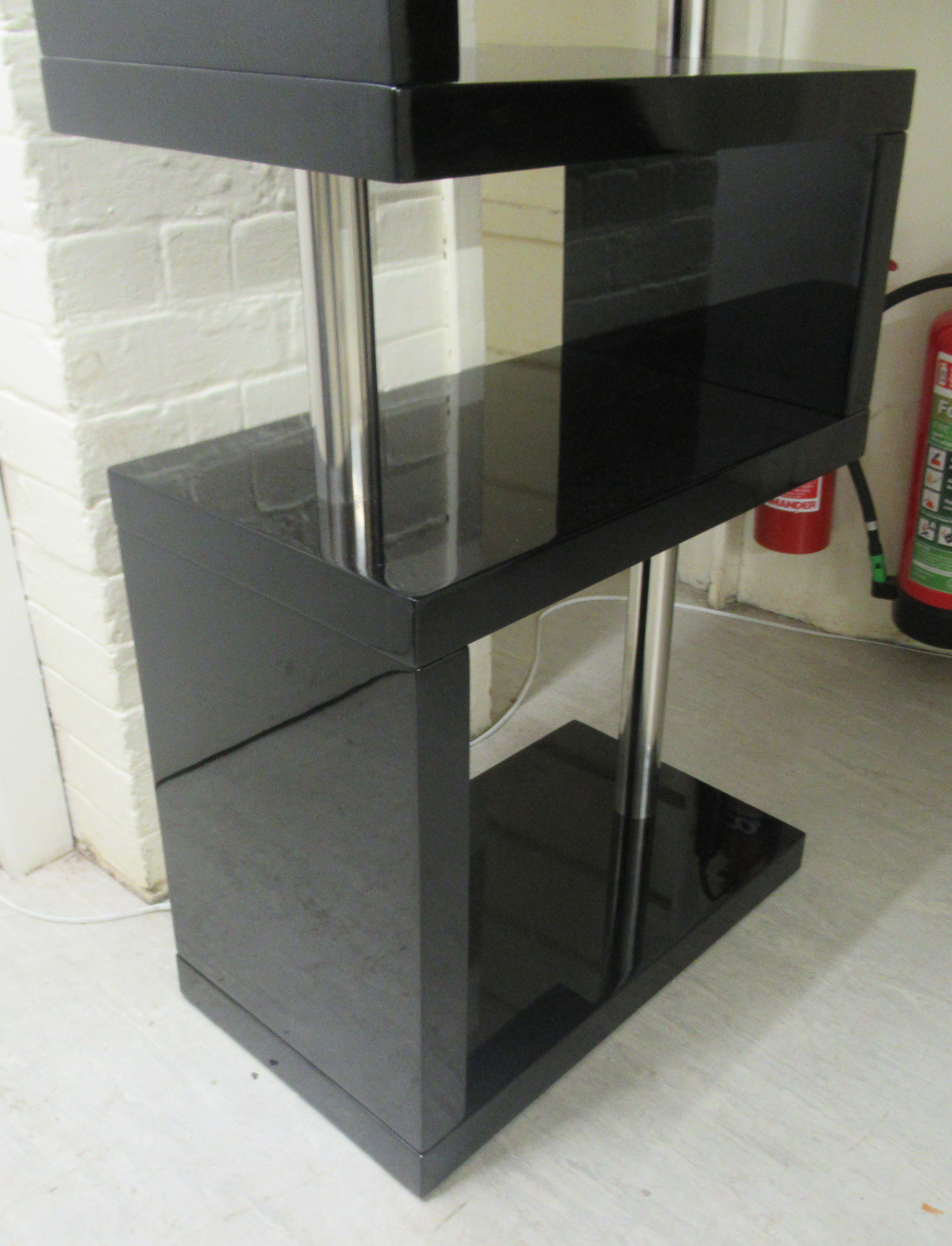 A modern abstract, open cube design, piano black lacquered display unit  65"h  24"w - Image 2 of 3