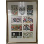A framed display of nine coloured postcards, celebrating the Coronation of King George V and Queen