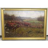 In the manner of Stanley Berkeley - ploughing with cattle in a landscape setting  oil on canvas