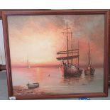 Alexis - moored fishing boats at sunset  oil on board  bears a signature  23" x 20"  framed