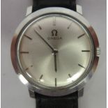 A stainless steel cased Omega 620 wristwatch, faced by a baton dial, on a black hide strap