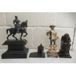 Four cast bronze figures, viz. a standing silvered and part gilded Spanish solider, on a plinth