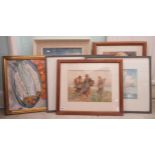 Six framed pictures: to include T Bisson - three agricultural working women  watercolour  bears a