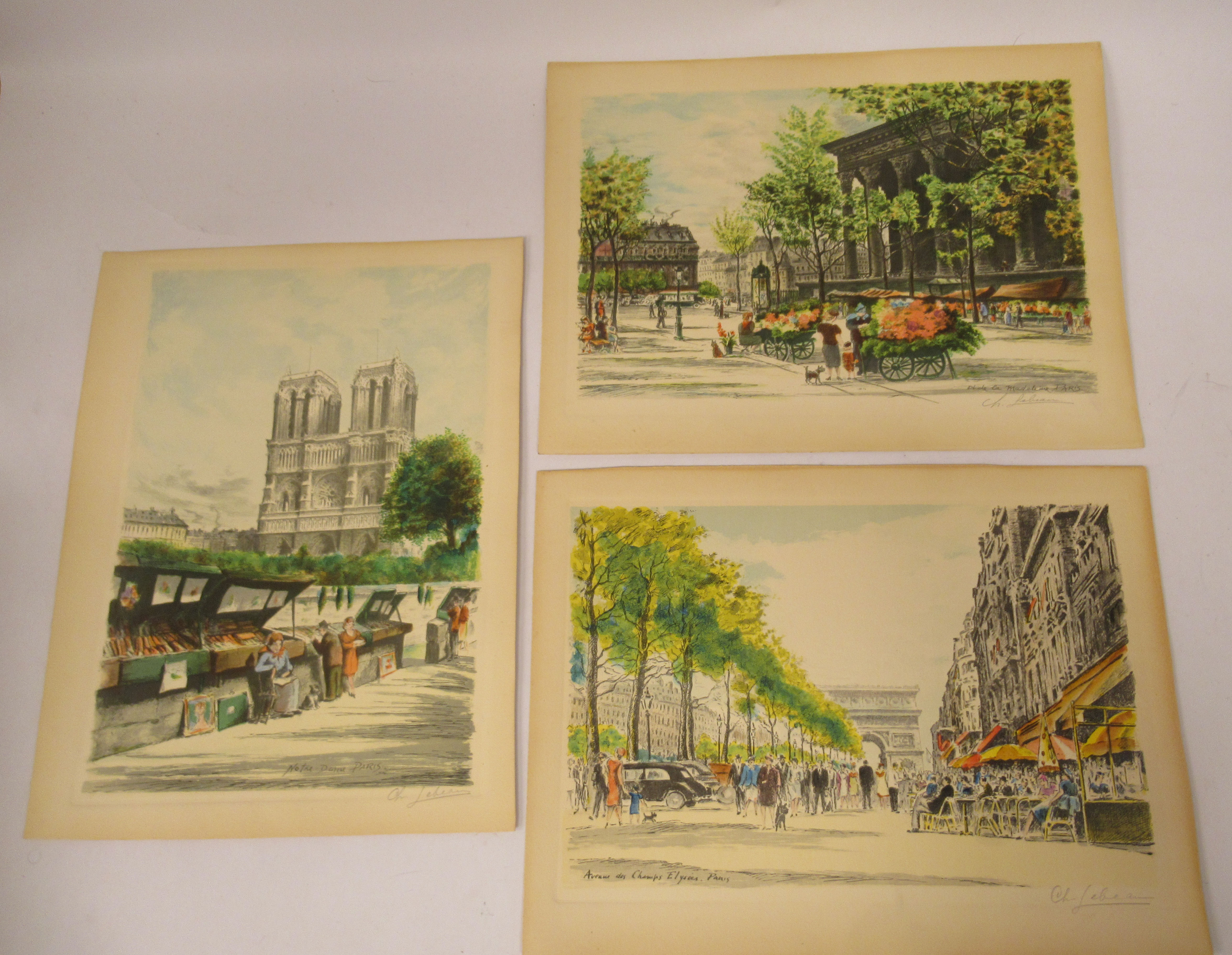 A set of three Parisian street studies  mixed media  bearing indistinct pencil signatures  7" x 11"