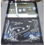 A mid 20thC mirror, decorated in silhouette with tropical fish  33" x 22"