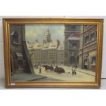 E Schrotter - a European street scene  oil on board  bears a signature  23" x 35"  framed