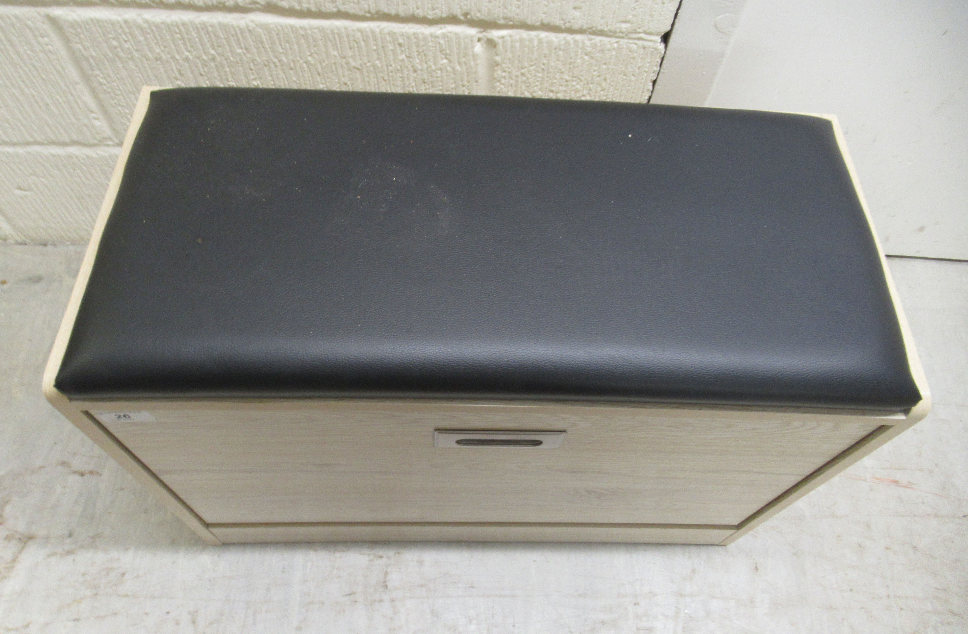 A modern bleached pine effect stool with a black faux hide upholstered cushioned seat, on a - Image 2 of 4