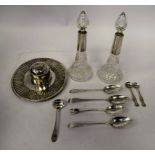 Silver and white metal collectibles: to include two scent bottles; spoons; a shallow dish  5"dia;