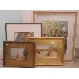 Four framed pictures: to include a late Victorian British School - farmers in a wheat field