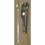 A replica 18thC sword with a ribbed brass handgrip and plain guard, the blade 35''L in a brass