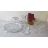 Glass tableware: to include an hor d'oeuvre dish  11"dia; and a cut crystal jug