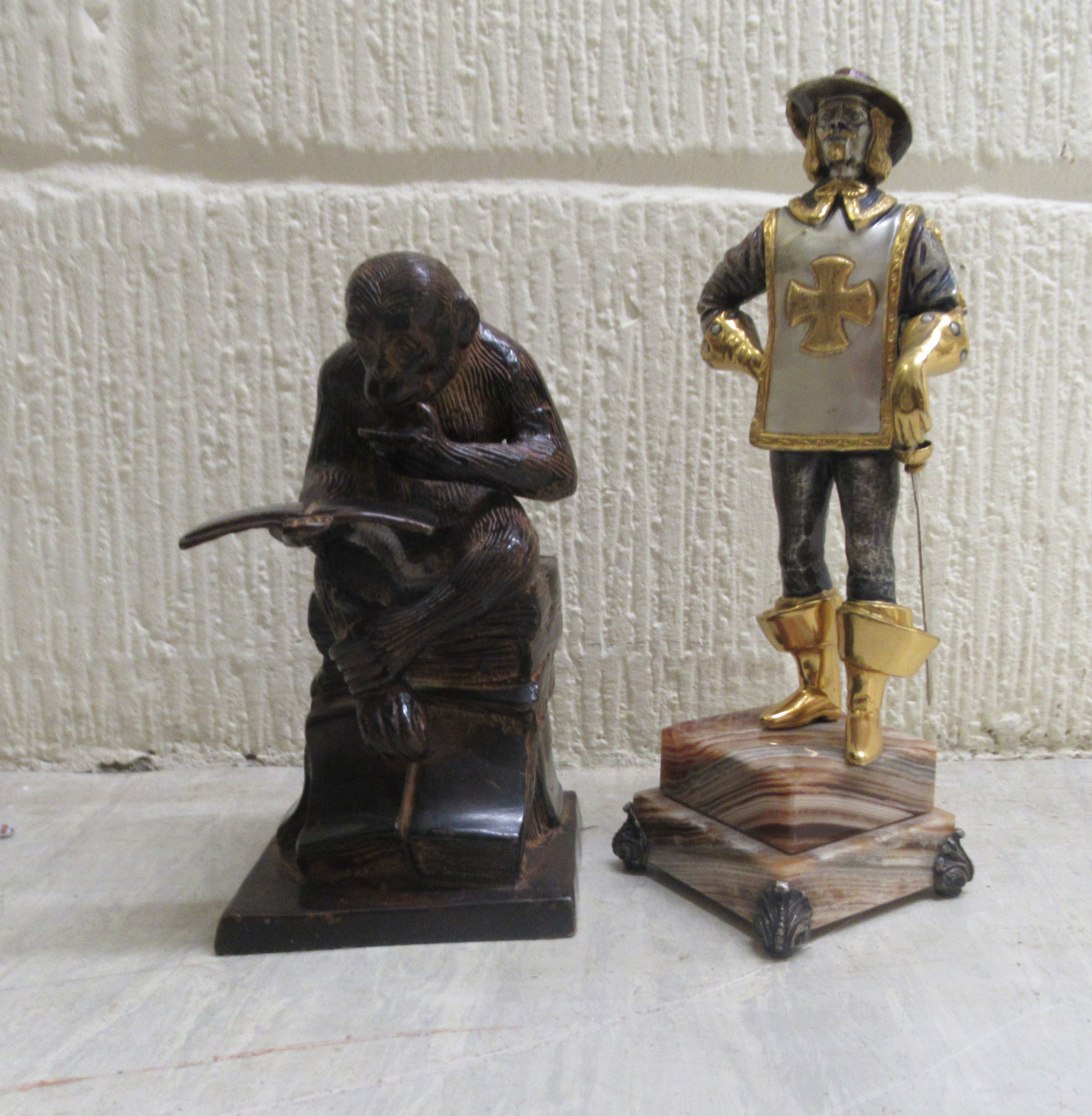 Four cast bronze figures, viz. a standing silvered and part gilded Spanish solider, on a plinth - Image 4 of 5